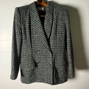 Casual Corner Double Breasted Blazer Jacket Black White Gray Wool Blend Sz 12